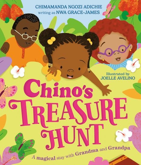„Chino’s Treasure Hunt“ in pink, mit Kindern und Schmetterlingen. Bunt und fröhlich mit Blumen und Blättern.