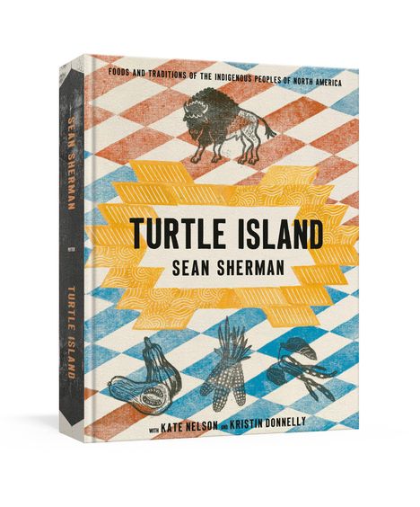 „Turtle Island“ von Sean Sherman, mit buntem geometrischem Muster, Tieren und Pflanzen als Illustration.