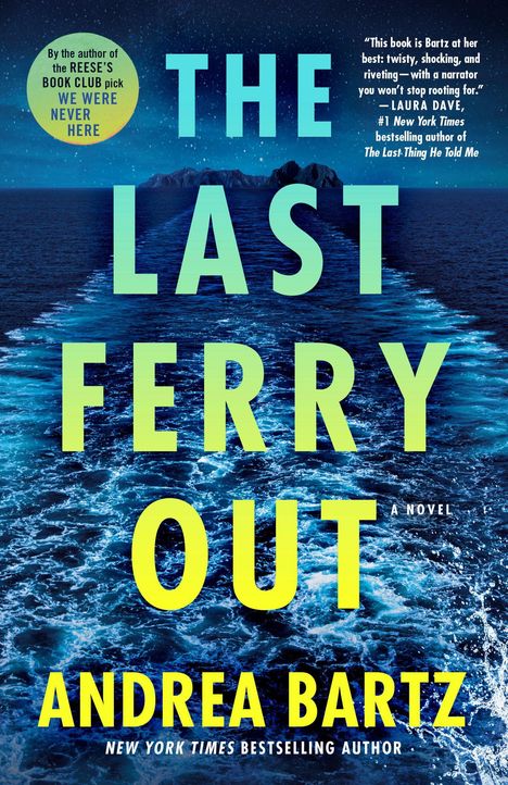 "The Last Ferry Out" von Andrea Bartz. Nachthimmel über dunklem Meer, mit Schiffswellen und entferntem Gebirge.