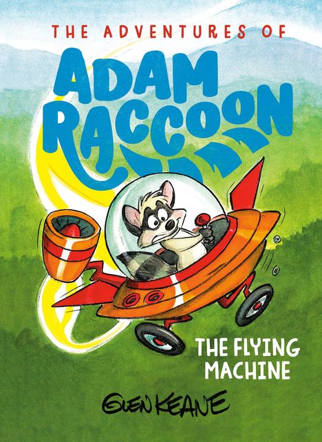 "The Adventures of Adam Raccoon" in blauer Schrift. Illustration eines Waschbären mit einem bunten, strahlenden Hintergrund.
