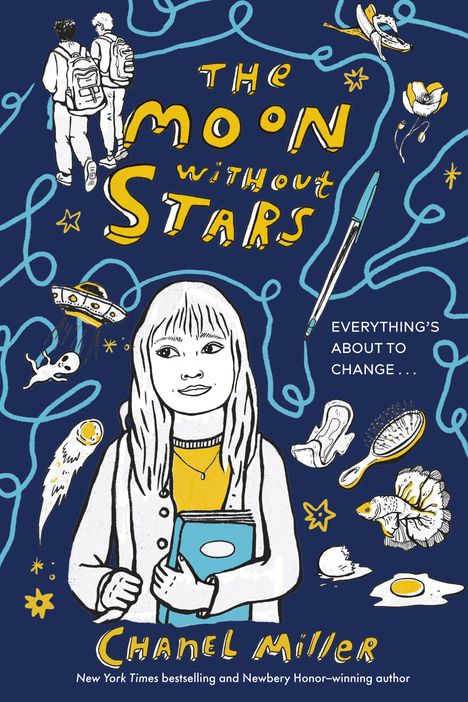 "The Moon Without Stars", "Everything's About to Change", "Chanel Miller". Illustration: Mädchen, UFO, Fische, Linien.