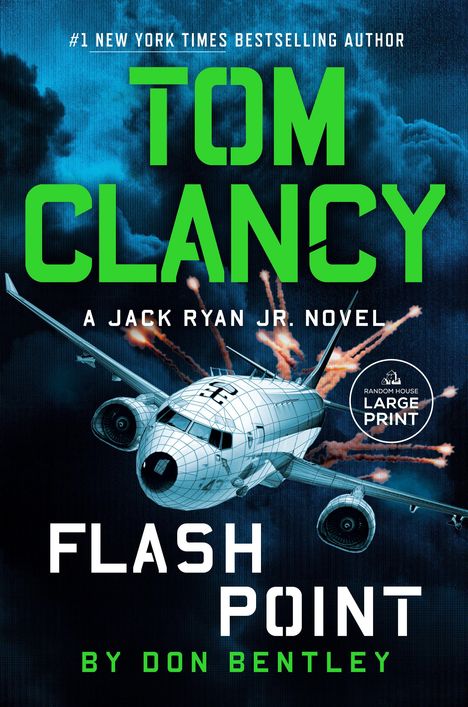 "Flash Point: A Jack Ryan Jr. Novel" von Tom Clancy, große grüne Schrift, explodierendes Flugzeug im Hintergrund.