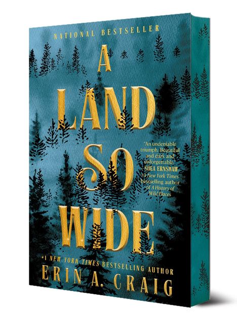 Titel: A Land So Wide. Autor: Erin A. Craig. Hintergrund: Silhouetten von Bäumen, türkis und schwarz.