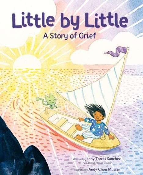 Text: "Little by Little: A Story of Grief." Illustration: Ein Kind in einem Segelboot bei Sonnenuntergang.
