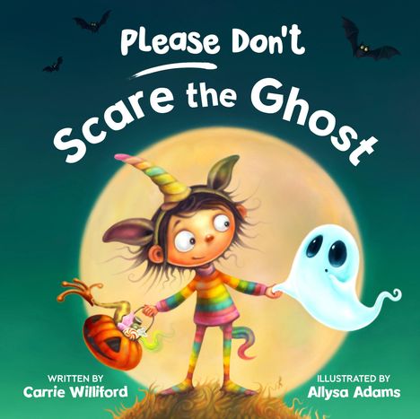 „Please Don't Scare the Ghost“. Ein Kind in bunter Kleidung hält die Hand eines niedlichen Geists, Fledermäuse fliegen im Hintergrund.