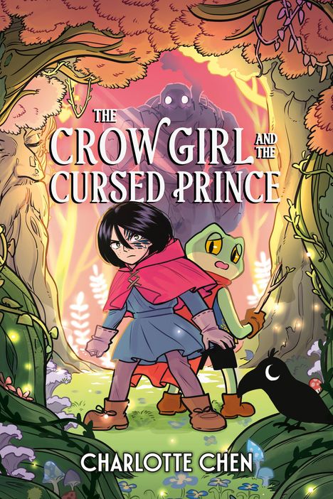 „The Crow Girl and the Cursed Prince“ und „Charlotte Chen“. Illustration eines Mädchens mit schwarzem Haar und einem Frosch im Wald.