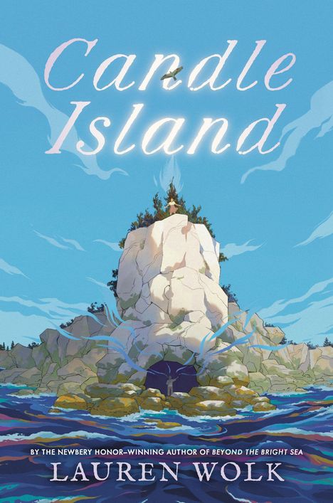 „Candle Island“ oben, „Lauren Wolk“ unten. Illustration zeigt ein felsiges Ufer mit Meer, darüber ein blauer Himmel.