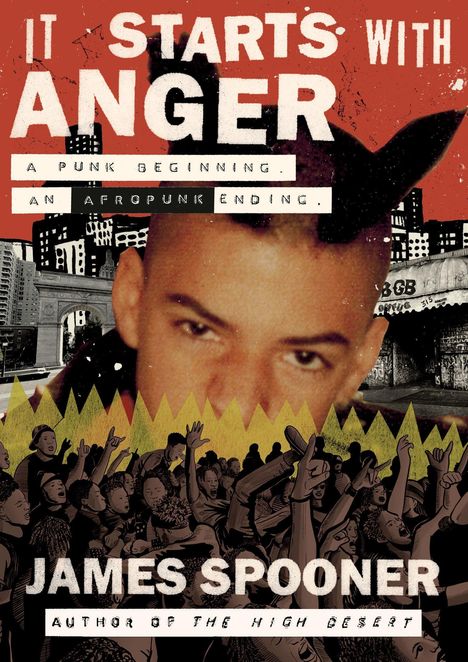 "It starts with anger. A punk beginning. An afropunk ending. James Spooner. Illustration einer Menschenmenge vor urbanem Hintergrund."