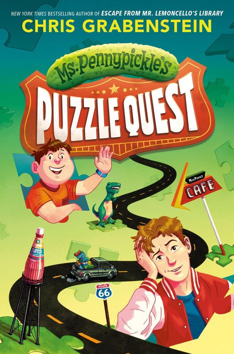 „Ms. Pennypickle's Puzzle Quest“ in großen Buchstaben. Illustration mit lachendem Kind, Dinosaurier, Café-Schild und Straße.