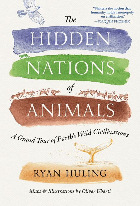 "The Hidden Nations of Animals" in lila, grün, braun. Vögel, Antilopen, und Walfluke dekorieren es.