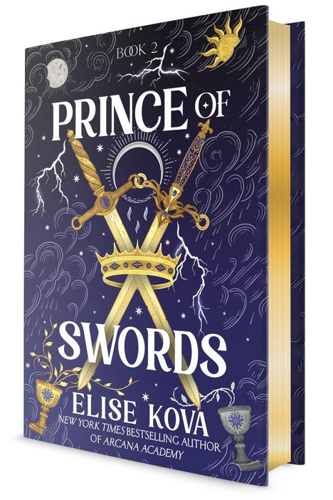 "Book 2: Prince of Swords" von Elise Kova. Zwei Schwerter, Krone, Sonne, Mond, Blitze auf dunklem Hintergrund.