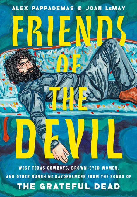 "FRIENDS OF THE DEVIL" in Gelb, darunter ein Mann mit Brille und Bart auf einem bunten Sofa liegend.