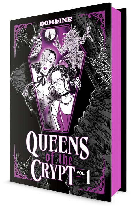 "QUEENS OF THE CRYPT VOL. 1" auf einem Buchcover, lila-grau. Illustration: Drei Figuren, Dracula-ähnlich, gruselige Treppe.