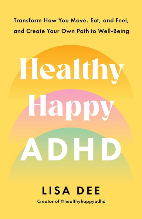 "Healthy Happy ADHD" steht groß in der Mitte. Oben ein motivierender Text. Design in Regenbogenfarben auf gelbem Hintergrund.