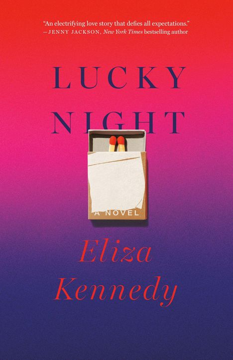 "Lucky Night" und "Eliza Kennedy" in großen Buchstaben, darunter eine Streichholzschachtel auf pink-violettem Hintergrund.
