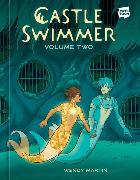 CASTLE SWIMMER VOLUME TWO. WEBTOON. WENDY MARTIN. Zwei Meereswesen halten sich an den Händen, umgeben von Gittertüren.
