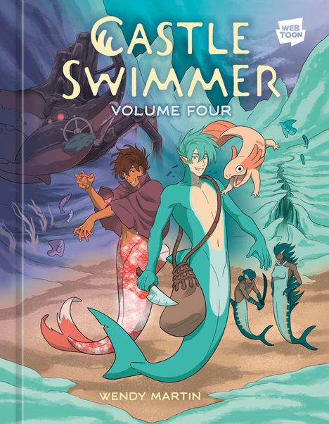 „Castle Swimmer Volume Four“ von Wendy Martin, zeigt Meerjungwesen, ein rotes U-Boot und ein kleines axolotlartiges Wesen.