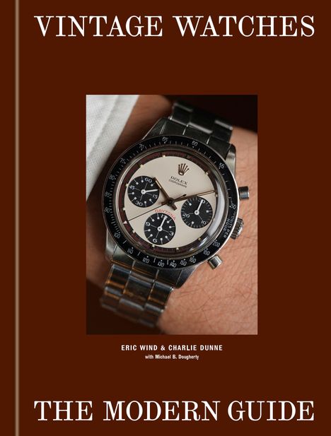 "VINTAGE WATCHES" oben, "THE MODERN GUIDE" unten; dazwischen eine Armbanduhr auf einem Handgelenk.