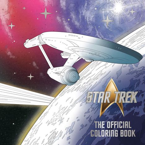 "Cover Not Final", "STAR TREK", "THE OFFICIAL COLORING BOOK". Illustration: Raumschiff im Weltall mit Planeten und Sternen.