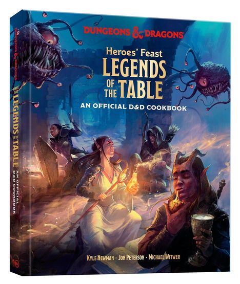 "Dungeons & Dragons: Heroes' Feast Legends of the Table. Drei Charaktere in mystischer Kulisse mit zwei Monstern."