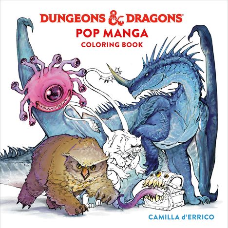 „Dungeons & Dragons Pop Manga Coloring Book.“ Ein Drache, eine Eule und ein Koffer mit Zähnen sind abgebildet.