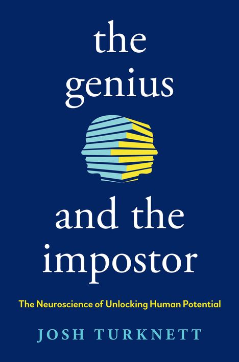 "The Genius and the Impostor" von Josh Turknett. Eine stilisierte Illustration eines Kopfes aus bunten Streifen.