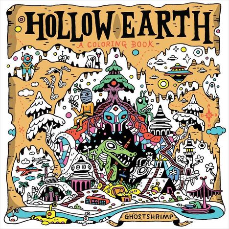 „Hollow Earth“ und „A Coloring Book“. Illustration mit Bergen, Kreaturen und UFOs in lebendigen Farben.