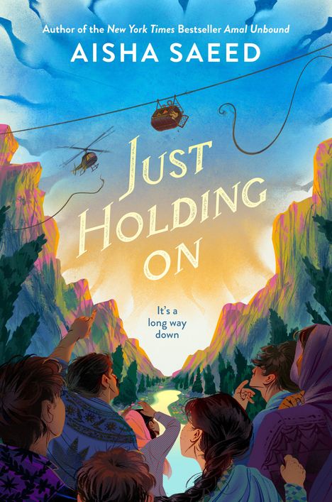 "Aisha Saeed, Just Holding On, It's a long way down." Illustration mit Menschen, die auf Seilbahnen über Berge zeigen.