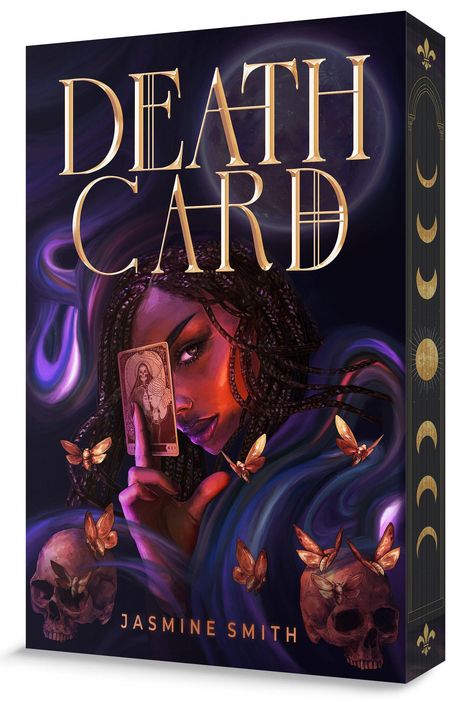 "Death Card", "Jasmine Smith". Illustration: Frau mit Karte, Schmetterlinge, Totenköpfe, Mondphasen am Rand.