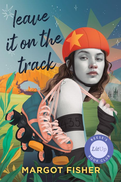 „leave it on the track“, „MARGOT FISHER“. Illustration: Frau mit Helm, Rollschuhe, Nummer 435, Abzeichen „LitUp“.