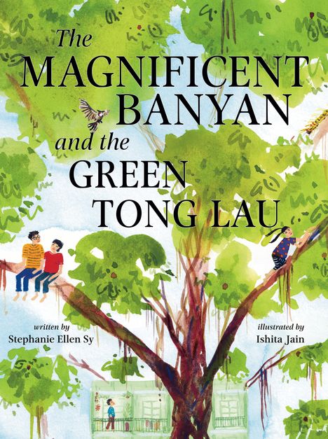 "The Magnificent Banyan and the Green Tong Lau." Zwei Kinder auf einem Baum, ein Mädchen klettert. Bunte Baumkrone.