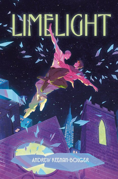 Text: LIMELIGHT. Darunter zwei Menschen, die in einer surrealen Stadtlandschaft zu schweben scheinen.