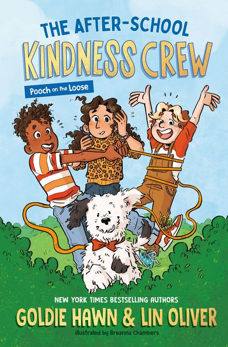 "The After-School Kindness Crew" in großer Schrift, drei Kinder fröhlich spielend mit einem Hund im Vordergrund.