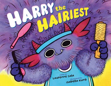 „HARRY the HAIRIEST“. Ein violettes, pelziges Wesen mit Kämmen und Hörnern lächelt.