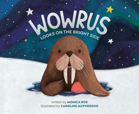 „WOWRUS“ und „LOOKS ON THE BRIGHT SIDE“. Illustration: Ein lächelndes Walross im Wasser, Sternenhimmel im Hintergrund.