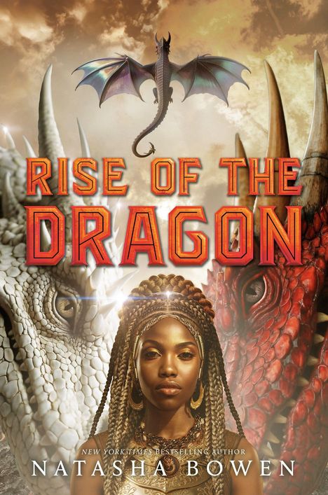 Text: RISE OF THE DRAGON. 
Illustration: Frau mit Zöpfen zwischen weißen und roten Drachenköpfen, darüber ein fliegender Drache.