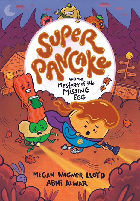 „Super Pancake and the Mystery of the Missing Egg“. Comicfiguren laufen mit Taschenlampen, Wald und Lagerfeuerstimmung.