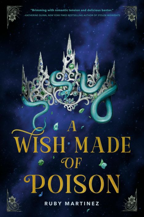 "A Wish Made of Poison" von Ruby Martinez. Eine silberne Krone mit grüner Schlange auf blauem Hintergrund.