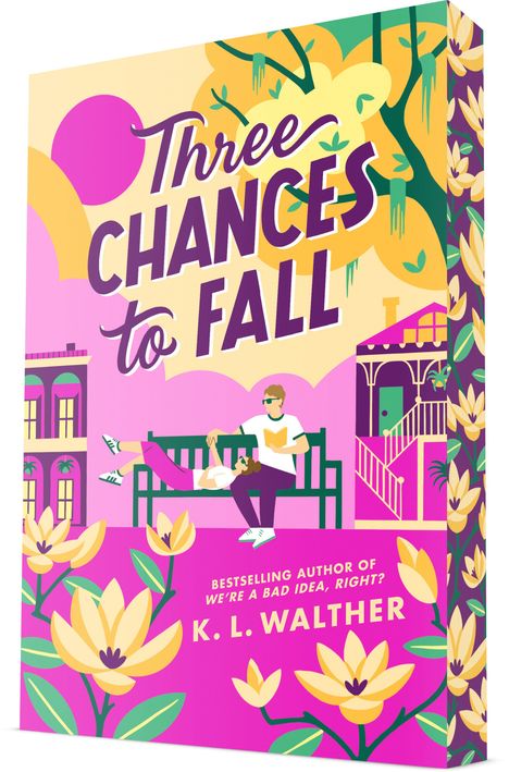 "Three Chances to Fall" von K.L. Walther. Zwei Personen entspannen auf einer Bank, umgeben von Blumen und Häusern.