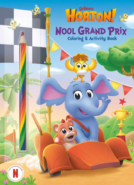 „Horton Nool Grand Prix Coloring & Activity Book“ in bunten Buchstaben. Illustration: Ein Elefant in einem Auto.