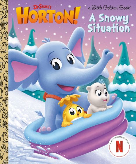 Text: "Horton! A Snowy Situation". Illustration: Ein blauer Elefant auf einem Schlitten im Schnee mit zwei Tierfreunden.