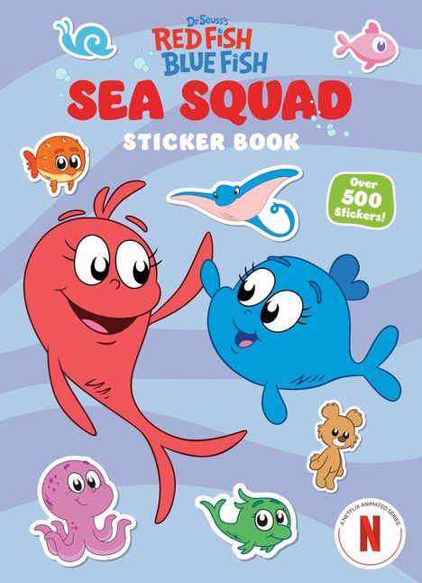 "SEA SQUAD Sticker Book" in großen Buchstaben. Zwei fröhliche Fische, einer rot, einer blau, umgeben von bunten Meeresbewohnern.
