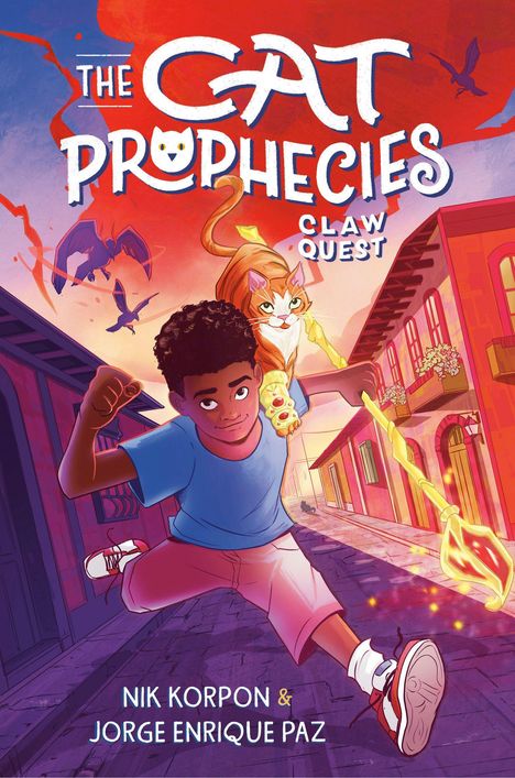 „The Cat Prophecies: Claw Quest“. Junge und Katze rennen mit einem leuchtenden Stab durch bunte Straßen, Vögel umher.
