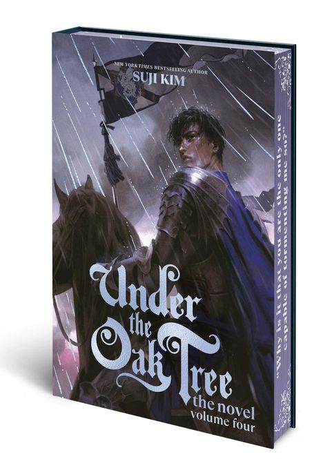 Auf dem Cover steht: "Under the Oak Tree, the novel, volume four". Illustration: Ein Ritter im Regen auf einem Pferd.