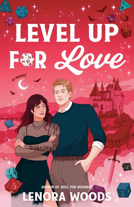 "Level Up for Love" von Lenora Woods. Ein stilisiertes Paar vor einem Schloss mit Würfeln, Fledermäusen und einem Schwert.
