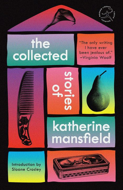 "the collected stories of katherine mansfield," Zitat von Virginia Woolf, Kamm, Birne, Schatulle, farbenfrohes Design.