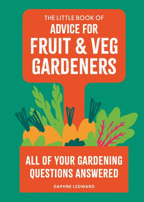 Text: "Advice for Fruit & Veg Gardeners. All of your gardening questions answered." Illustration von Gemüse.