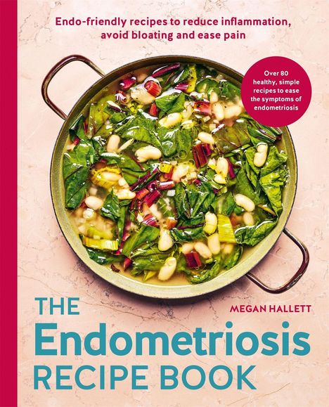 Titel: "The Endometriosis Recipe Book". Rezeptbeschreibung auf rosa Hintergrund: gesunde, entzündungshemmende Gerichte.