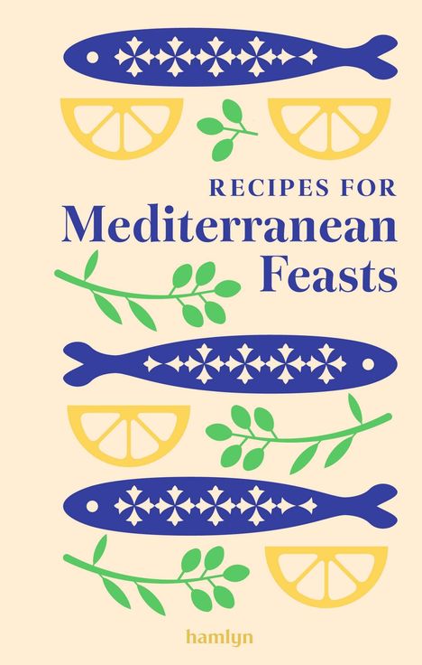 Text: "Recipes for Mediterranean Feasts". Illustration: Fische, Zitronenscheiben, grüne Zweige.
