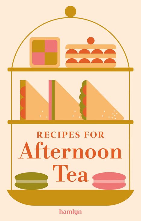 Text: "RECIPES FOR AFTERNOON TEA", "COVER TO BE REVEALED", "hamlyn". Gelber Hintergrund mit schwarzem Text.